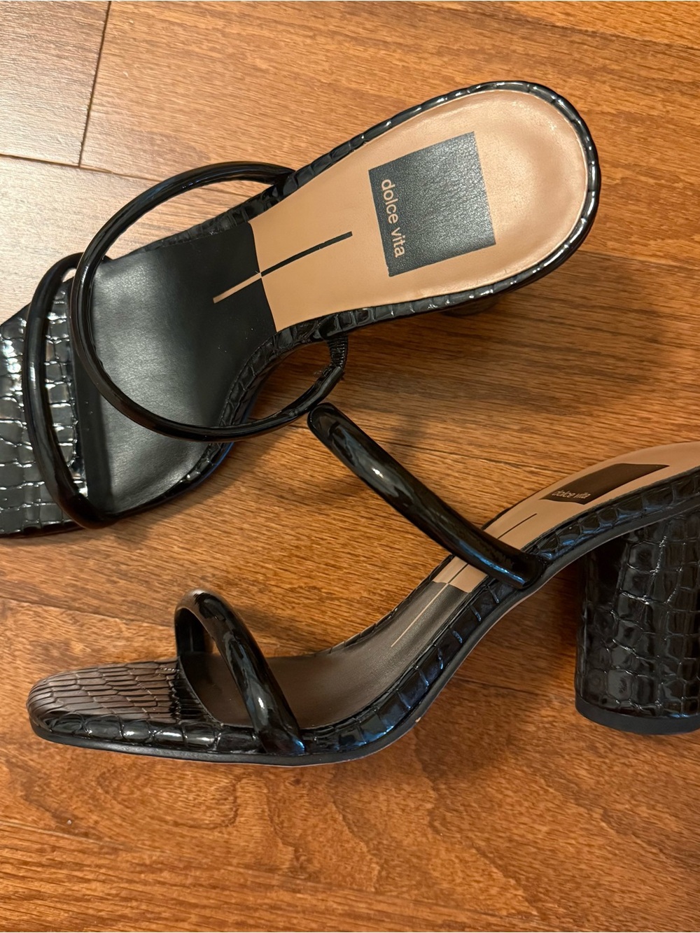 Dolce Vita Black Croc-Embossed Strappy Block Heel Sandals